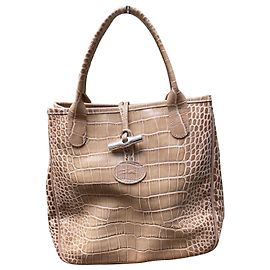 Excelente bolsa de palheta Longchamp com estampa de crocodilo Bege