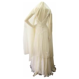 Autre Marque-Vestido de noiva de seda e renda Auth Atelier Loukia com Swarovski, Veil & Satin Pet. S-Branco