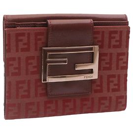 FENDI Zucchino Canvas Bifold Wallet Red Auth 24859 Red