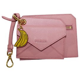 Prada Pink Saffiano Lux Banana Charm Keychain and Card Holder Pink