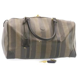 Fendi-FENDI Pecan Canvas Boston Sac PVC Cuir Marron Noir Auth ar4701-Marron,Noir