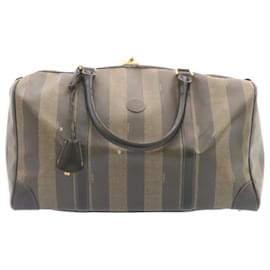 Fendi-FENDI Pecan Canvas Boston Sac PVC Cuir Marron Noir Auth ar4701-Marron,Noir