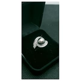 inconnue-Beautiful gold ring 18K Tahitian pearl paving diamonds 0,50 CT T 54 P 7,41 grs-Silvery