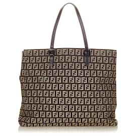 Fendi-Fendi Brown Zucchino Canvas Tote Bag-Brown,Beige,Dark brown