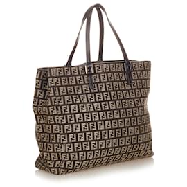 Fendi-Fendi Brown Zucchino Canvas Tote Bag-Brown,Beige,Dark brown