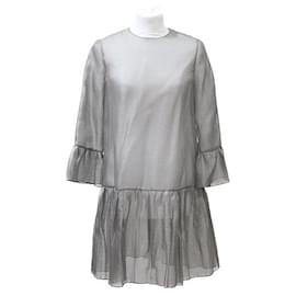 Christian Dior-DIOR TULLE-EFFECT SILK DRESS IN HOUNDSTOOTH WEFT NAVY GRAY ECRU-Grey,Cream