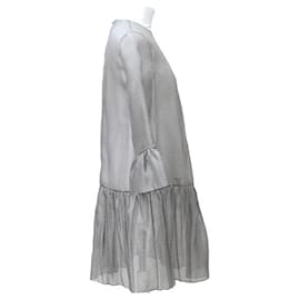 Christian Dior-DIOR TULLE-EFFECT SILK DRESS IN HOUNDSTOOTH WEFT NAVY GRAY ECRU-Grey,Cream