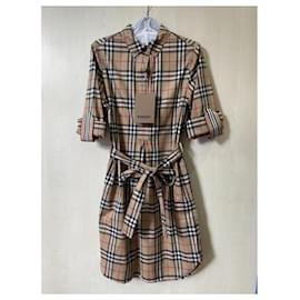 Burberry-BURBERRY Abito chemisier in cotone elasticizzato con motivo Vintage check e allacciatura in vita-Multicolore