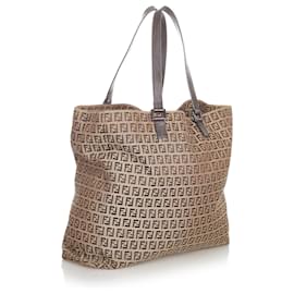Fendi-Fendi Brown Zucchino Canvas Tote Bag-Brown,Dark brown