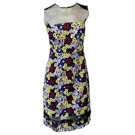 Erdem-Erdem Floral Embroidered Sheath Dress with Mesh Neckline-Multiple colors