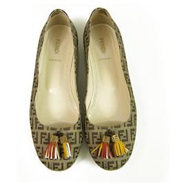 Fendi-Fendi FF Monogram Zucca canvas Ballerinas round toe ballet flats tassels size 38-Beige
