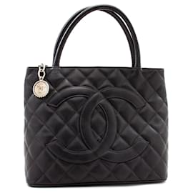 Chanel-CHANEL Silver Medallion Caviar Shoulder Bag Shopping Tote Black-Black