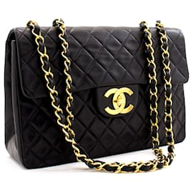 Chanel-Chanel Jumbo 13"Maxi 2.55 Bolso de hombro con cadena de solapa Piel de cordero negra-Negro