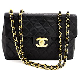 Chanel-Chanel Jumbo 13"Maxi 2.55 Borsa a tracolla a catena con patta Pelle di agnello nera-Nero