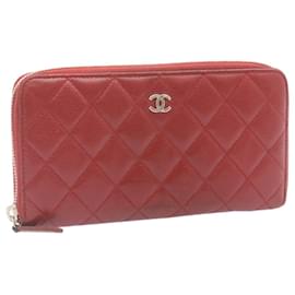 Chanel-CHANEL Matelasse Caviar Skin Around Zip Long Wallet Leather Red CC Auth jk287-Red