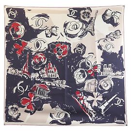 SCIARPA CHANEL LOGO CC CAMELIA CARRE 90 SCIARPA BLU IN SETA MONUMENTI DI PARIGI Blu navy