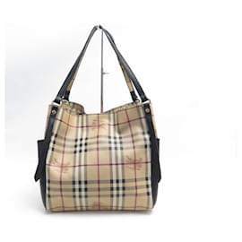Burberry-BURBERRY TOTE BAG IN TARTAN CANVAS BEIGE BLACK LEATHER CANVAS HAND BAG-Beige