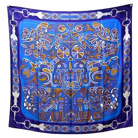Hermès SCIARPA HERMES FOLKLORE DI HENRI D'ORIGNY SETA BLUE SQUARE 140 Sciarpa seta Blu