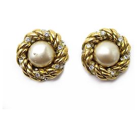 VINTAGE BOUCLES D'OREILLES CHANEL PERLES & STRASS 1984 DE CASTELLANE EARRINGS Doré
