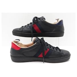 Gucci-GUCCI EMBROIDERED ACE sneakers SHOES 429446 6.5 It 41.5 FR LEATHER SNEAKERS-Black