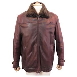ZILLI GAP AVIATOR JACKET 52 L IN BURGUNDY LEATHER FUR LEATHER COAT Dark red