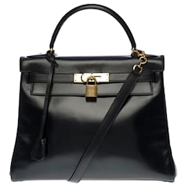 Hermès-Espléndido bolso Hermes Kelly 28 De vuelta en cuero de caja negra, adornos de metal chapado en oro-Negro