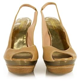 Sebastian-Sebastian Brown Leather Bronze Wedge Heel Sandal Platform Peep Toe Shoes SZ 36.5-Brown,Bronze