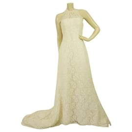 Pronovias-Pronovias White Beaded Floor Length Bridal Wedding Gown Halter Lace Dress 42 It-White