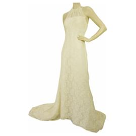 Pronovias-Pronovias White Beaded Floor Length Bridal Wedding Gown Halter Lace Dress 42 It-White