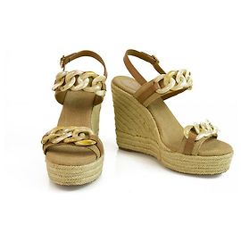 Tory Burch Beige Canvas Chain Jute Wedge Sandal Platform Shoes Espadrilles sz 9M Beige