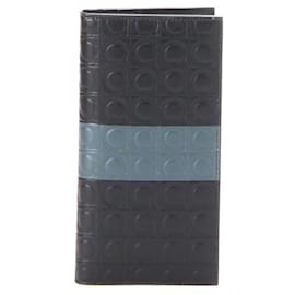 Salvatore Ferragamo-Ferragamo Gancini Embossed Leather Long Wallet in black calf leather-Black