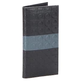 Salvatore Ferragamo-Ferragamo Gancini Embossed Leather Long Wallet in black calf leather-Black