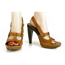 Céline-Celine Tan Leather Sandal with High Heel and Platform Slingback Shoes - Sz 39-Brown