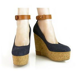 Sergio Rossi Blue Denim Tan Leather Strap Cork Wedge Pumps Platform Shoes sz 39 Bleu