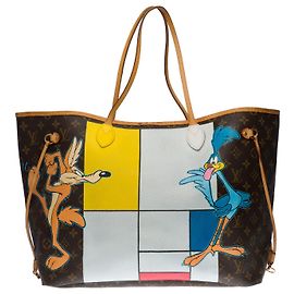 Superba borsa Louis Vuitton Neverfull GM in tela monogram personalizzata "Bip Bip le Coyotte" Marrone