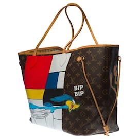 Louis Vuitton-Excelente bolsa Louis Vuitton Neverfull GM em tela com monograma personalizado "Bip Bip le Coyotte"-Marrom