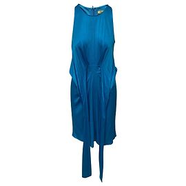 Issa London Blue Silk Drape Belt Dress Blue