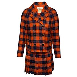 Conjunto de saia de terno xadrez Yves Saint Laurent em lã azul e laranja Multicor