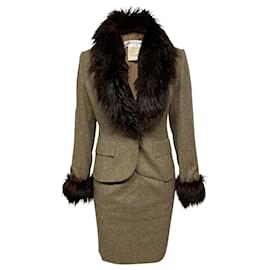 Ensemble jupe de costume Yves Saint Laurent avec bordure en fourrure en mélange de laine vierge et cachemire marron Marron