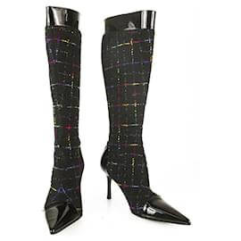 Gina-Gina Tweed Fabric Black Patent Leather Boots Slim heels Shoes Back Zipper sz 6-Black