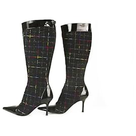 Gina-Gina Tweed-Stoff Schwarz Lackleder Stiefel Schmale Absätze Schuhe Reißverschluss hinten Gr 6-Schwarz