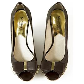 Michael Kors-Michael Kors Meg Brown Monogram Canvas Bow Wedge Platform Peep Toe Shoes 7.5 M-Brown