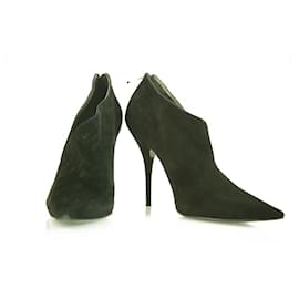 Casadei-Casadei Black Suede High Heels Pointed Toe Back Zip Ankle Booties Shoes sz 10-Black