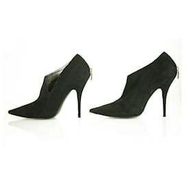 Casadei-Casadei Black Suede High Heels Pointed Toe Back Zip Ankle Booties Shoes sz 10-Black