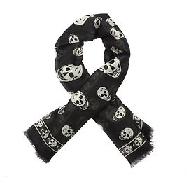 Alexander Mcqueen Cachecol com mistura de seda e crânio preto e branco Preto