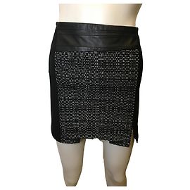 The Kooples Jupe chinée empiècement cuir d'agneau Noir Blanc