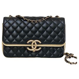 Chanel Session Bag Black Metallic Leather Black Golden Metallic