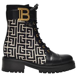 Balmain Romy Ranger Ankle Boots in Black and Beige Monogram Canvas Black