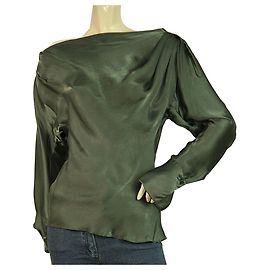 Camicetta con spalle plissettate e top a maniche lunghe in seta verde donna Karan US 8 Verde scuro