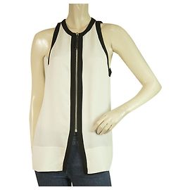 Helmut Lang Camicetta lunga in seta avorio e nera senza maniche con zip frontale taglia S/P Nero Bianco